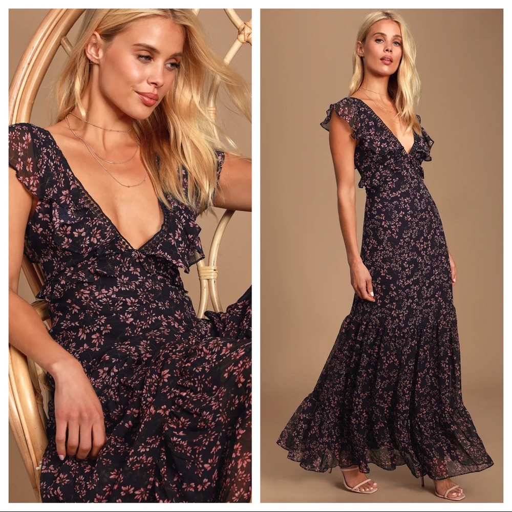 NWOT Lulus Darling Daydream Navy Blue Floral Print Ruffled Maxi Dress